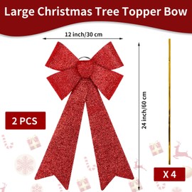 ANVAVO 2 Pieces LED Christmas Bow Christmas Tree Topper Bow Prelit Christmas Bows Decorations with Lights 24"x12" Large Xmas LED Lights Bow Battery Powered Christmas Bows for Wreath Garland, Red
