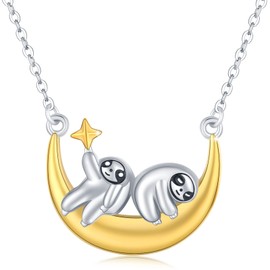 YEESIA Sloth Necklace Sterling Silver Sloths on Moon Pendant Necklace for Women Girls Cute Animal Heating Jewellery Sloths Gifts, Sterling Silver, No Gemstone