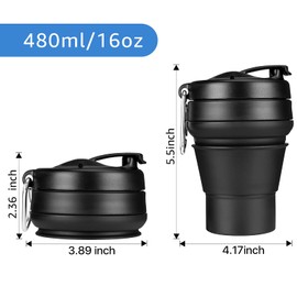 EASYXQ 2PACK Collapsible Coffee Cup, 16 OZ 480ml Silicone Folding Camping Cup, Leak Proof BPA Free Portable Cup, Sport Bottle with Lids for hiking (Black)