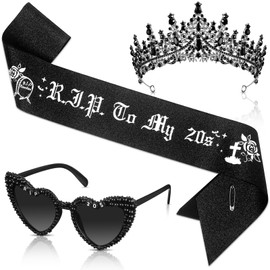JaGely 3 Pcs 30th Birthday Party Accessories Set, Black Crown Gothic Tiara Rip to My 20s Sash and Death to My 20s Sunglasses