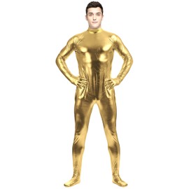 Aniler Unisex Shiny Metallic Unitard Zentai Zipper Stretchy Costume Bodysuit (Large, Gold)