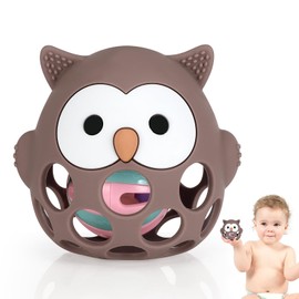 Zikenis Teething Ring Baby Toy, Montessori Toy Baby, Grasping Ball for Babies, BPA-Free Teething and Grasping Toy for Senses and Chew Development, Baby Gift for Babies from 3-18 Months (Brown)