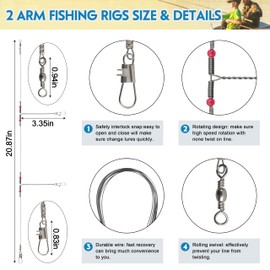 Fishing Leaders Saltwater Tackle Surf Fishing Rigs Bottom Hi-Low Rig High Strength Wire Leader Line with Swivel Snaps Beads Gear Equipment for Lures Bait Hooks (Stainless Steel Leaders, 2 arm,12packs)