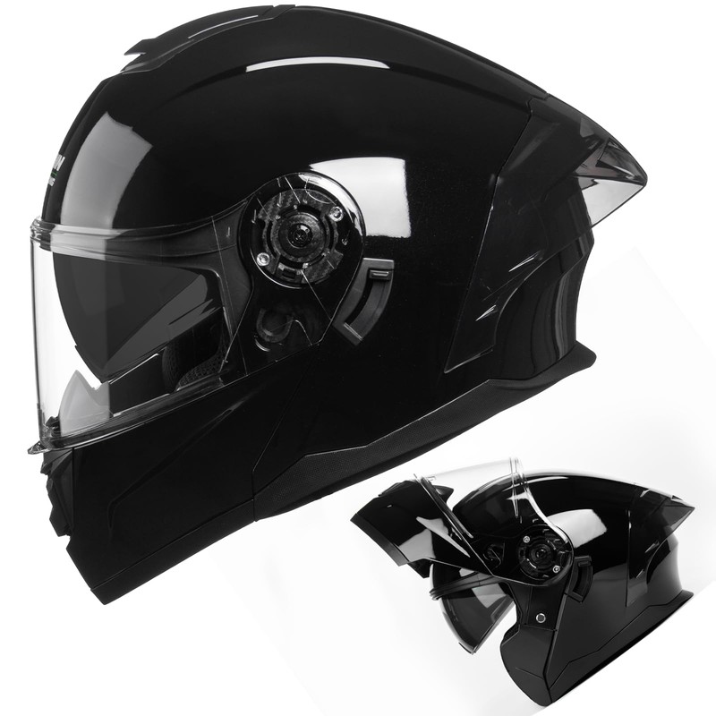 Crown Racing Modular Motorcycle Helmet with Flip-Up Design, Gloss Black,