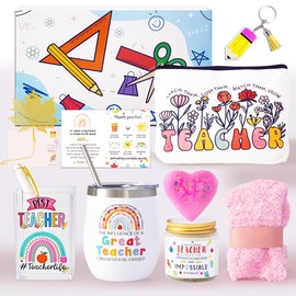 Jeroseko Teacher Appreciation Gift Sets,Teacher Appreciation Gift Basket for Women, Back to School Gift, Christmas Gift for Teacher - Wine Tumbler, Bookmarks, Keychain,Cards from Students (Rose Gold)