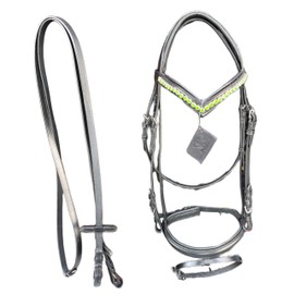 AHS us Snaffle Leather Bridle with Green Stone on Browband - Premium Horse Tack for Style and Comfort (Pony), Black