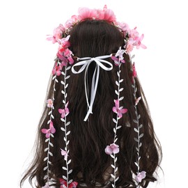 PartyforU Pink Flower Crown Headband for Women, Floral Fairy Headpiece Bohemian Vine Flower Headband with Butterfly for Wedding Bridal Shower Party Renaissance