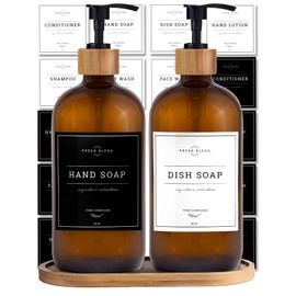 Vine Creations Amber Glass Soap Dispenser Set - Kitchen Soap Dispenser Set with Tray - Bamboo Soap Dispenser for Kitchen Sink - Bathroom Decor - Hand and Dish Soap Dispenser Set with Waterproof Labels