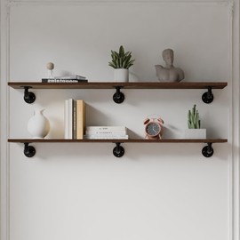 Industrial Pipe Shelving Shelf,Pipe Wall Shelves Wood Shelf:Kitchen Shelves Shelving, 60 Inches Wood Long Floating Shelves for Wall Farmhouse Pipe Book Shelves Dark Brown for Decor and Bar Shelving