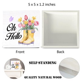 Spring Decor Farmhouse Oh Hello Wood Sign Floral Spring Decorations Country Home Table Desk Decor (5 x 5 Inches)