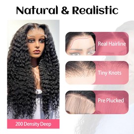 5x5 Lace Closure Wigs Human Hair Deep Wave Pre Plucked Curly HD Transparent Lace Front Wigs with Baby Hair Natural Hairline 200 Density Gluesless Human Hair Wigs for Women Natural Black Color 26 Inch