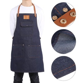 Heavy Duty Denim Bib Apron Jean Kitchen Apron Chef Work Cook Uniform with Adjustable Leather Strap for Women Men(78.00 * 68.00 * 2.00cm-Blue)