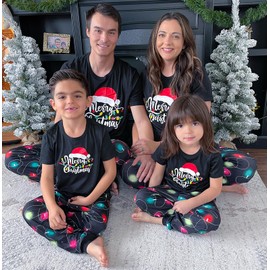 IFFEI Christmas Pajamas for Family Letter Print Matching Holiday PJ's Sets with Short Sleeve Tee and Pants Loungewear Women L Black