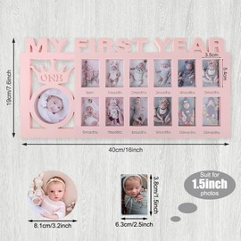Unittype My First Year Baby Picture Frame Newborn Baby's First Twelve Months Photo Collage,12 Month Milestone Keepsake Frame for Photo Memories Baby 1st Birthday Mothers Day Gift(Pink)