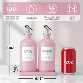 CMLKLZD Olive Oil Dispenser Bottle for Kitchen, 16oz Glass Oil and Vinegar Dispenser Set with Wood Tray & 54 Labels - Coffee Syrup Dispenser - Pink Kitchen Decor and Accessories - Set of 2