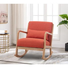 Artechworks Rocking Accent Chair Uplostered Mordern Nursery Fabic Linen Glider Rocker Lounge Arm Chair with Padded Seat Wood Base Pillow for Adults Living Room Bedroom, Orange