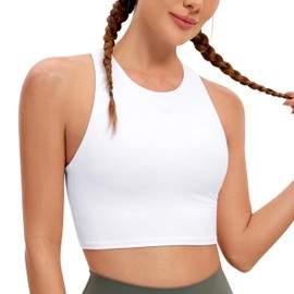 CRZ YOGA Women's Butterluxe Racer Back Padded Sports Bra - High Neck Longline Crop Top Gym Workout Tank Tops with Built in Bra White 16