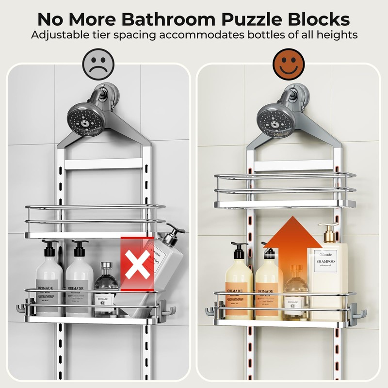 Orimade Aluminum Hanging Shower Caddy Over Head, Adjustable Bathroom Shelf