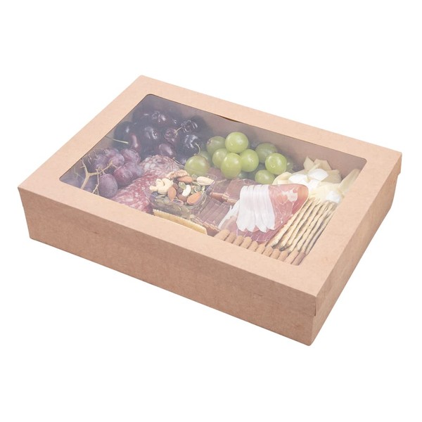 Restaurantware Cater Tek 14.3 x 10 x 3.2 Inch Catering Boxes, 10 Insert Tab Lock Baked Goods Boxes - Window Lids, Easy Assembly, Kraft Paper Window Pastry Boxes, For Charcuterie Or Catered Meals