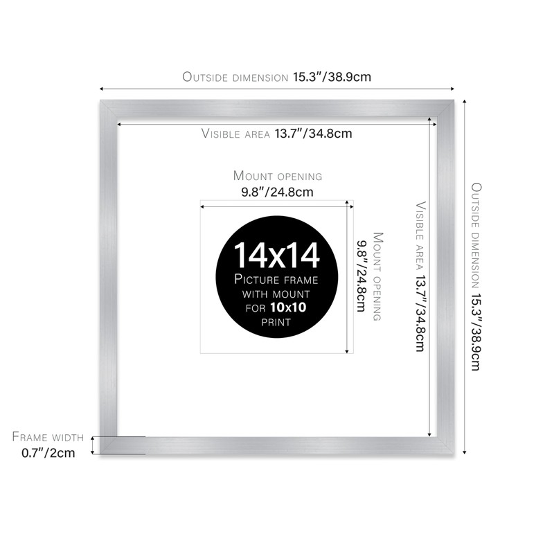 14x14" Square Picture Frame, Display Pictures 10x10" With Mat or