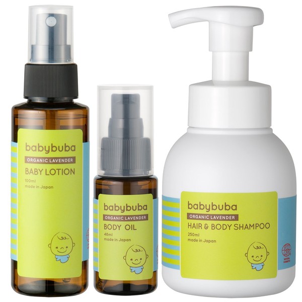 Babybuba Organic Baby Skin Care, Oil, Shampoo & Lotion, Moisturizing, Baby Massage, Full Body, Relaxing Effect, Made in Japan (Can Be Used for Newborns), Set of 3