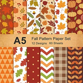 Whaline 12 Designs Autumn Pattern Paper Pack A5 Size Fall Leaves Pumpkin Plaid Waves Craft Paper 60 Sheet Red Brown Double-Sided Origami Paper for Autumn Harvest Thanksgiving Card Making Scrapbook