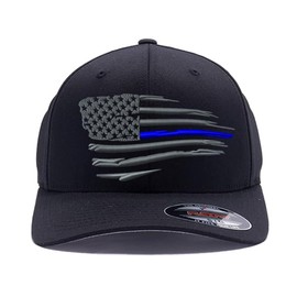 Tactical Thin Lines, Thin Red/Blue/Green/Yellow Line Waving American Flag hat, Custom Embroidered Flex Fitted (L/XL, Black)