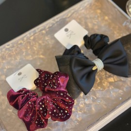 Elegant Hair Accessories Set, Black Satin Bow with Pearl Detail and Burgundy Velvet Scrunchie with Rhinestones, 2 Pieces