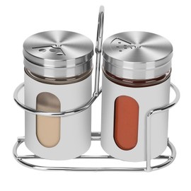 Glass Salt and Pepper Shaker Set with Seasoning Rack, Spice Rack, Adjustable Pour Hole Stainless Steel Lid, 2.8 oz, Spice Dispenser for Salt, Pepper, Spice Preservation (white)