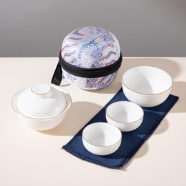SILINE Ceramic Travel Gaiwan Kungfu Tea Set,Chinese Suet Jade White Porcelain Tea Bowl Set,Portable for Home Business Outdoor Hotel (White)