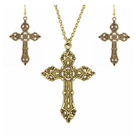 Dishowme 3Pcs Gothic Cross Necklace Earrings Sets Vintage Punk Vampire Crucifix Necklace Jewelry Sets for Women Religious Christian Pray (Gold)