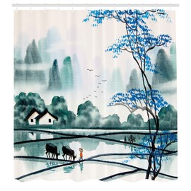 Ambesonne Naturaleza Cortina de Baño, el Campo de Arroz Chino Village, Paño Conjunto de Decoración de Baño de Tela y Ganchos, 70" Alto, Teal Violeta Azul Negro