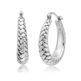 MAX + STONE 925 Sterling Silver Lightweight Chunky Textured Braided Thick Oval Hoop Earrings for Women