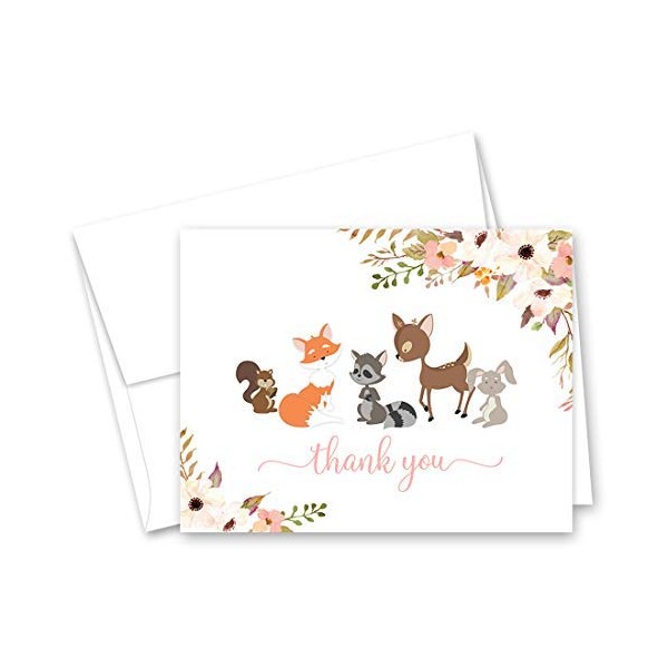 InvitationHouse Forest Woodland Animals Baby Shower Thank You Cards - Set of 50 (Pink, Brown)