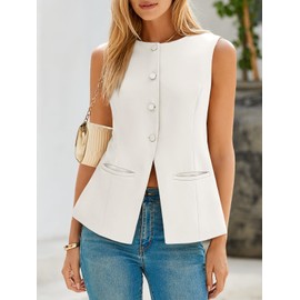 Cicy Bell Womens Round Neck Waistcoat Vest Summer Button up Vest Tops Casual Business Fitted Sleeveless Blazer