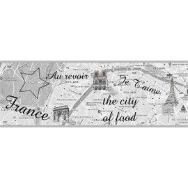 Dundee Deco DDAZBD9075 Peel and Stick Wallpaper Border - Modern Grey Paris City of Food Wall Border Retro Design, 15 ft x 7 in (4.57m x 17.78cm), Self Adhesive