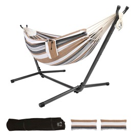 ONCLOUD Double Hammock with Stand 9ft Space Saving Steel Stand Includes Cup Holder,Two Pillows,Portable Carrying Case (Desert Stripes)