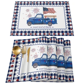 Independence Day Placemats Set of 4,Cotton Linen Heat Resistant Table Mats Washable July 4th Red Blue Check Plaid Blue Truck Firework Placemat for Holiday Banquet Party Dining Kitchen Table Decor