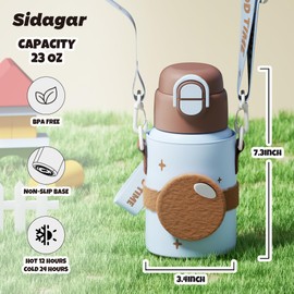 SDGA+ Kids Insulated Water Bottle with Shoulder Strap - 22 oz Kawaii Stainless Steel Tumbler with 3D Fuzzy Charm, Leak-Proof Flip Top & Vacuum Flask for School, Travel, BPA Free, Brown