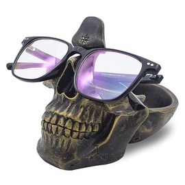 VIPbuy Skull Glasses Holder Stand with Storage Tray Novelty Eyeglass Holder Rack for Nightstand, Resin Skull Head Sculpture Statue Home Office Desk Decor Gift (Bronze)