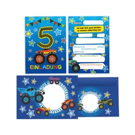 Junapack 12 Invitation Cards for 5th Children's Birthday Fifth Birthday Boys Monster Truck Car Includes 12 Envelopes, 12 Bags/Natural, 12 Stickers