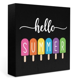 Hello Summer Sign Summer Decor Wood Box Sign 5 x 5 Inches Desk Decor Rustic Country Wooden Square Sign Decor Summer Decorations for Home Beach House Outdoor Shelf Wall Farmhouse Table Shelf