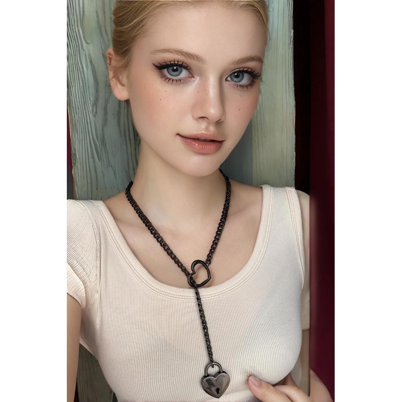 Ticome Women's Slip Chain Necklace Locker Key Heart O-Ring Black