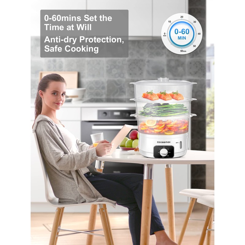 Cozeemax 3 Tier Electric Food Steamer for Cooking, 13.7QT Vegetable