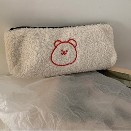 SAKUSHO Plush Zippered Pen Case, Tool Case, Fluffy, Multi-Functional, Large-Capacity, Pencil Case, Cute, Korean, Pen Pouch, for Junior High & College Students, Kids, Freestanding, Slim (White)