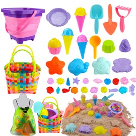 MUYIZI 22Pcs Beach Toys Set for Kids+25Pcs Acrylic Sea Animals, Collapsible Bucket，Shovel Set with woven Basket Mesh Bag &Sand Molds, Ice Cream Muffin Sand Toys Travel beach Toys for Toddlers