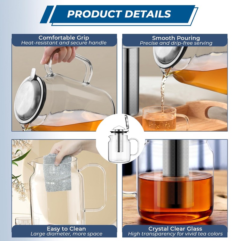 Aquach 85oz Glass Teapot with Stainless Steel Removable Infuser, Stovetop