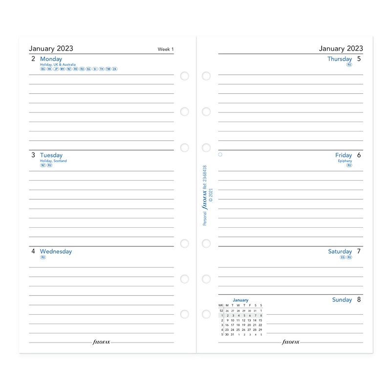 Filofax Refill, Personal/Compact Size, Week-to-View, White Paper, Ruled, English, 2023
