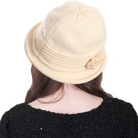 Joligiao Women's Winter Fishing Hat Wool Beret Hat Vintage Berets Knitted Hats Warm Winter Hat Faux Fur Hat Cloche Bucket Hat with Flower Detail Soft Fluffy Wide Brim, beige