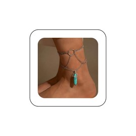 Yheakne Bohemian Layered Turquoise Anklet Bracelet Turquoise Dangle Ankle Bracelet Silver Circle Anklet Chain Turquoise Foot Chain Jewellery for Women